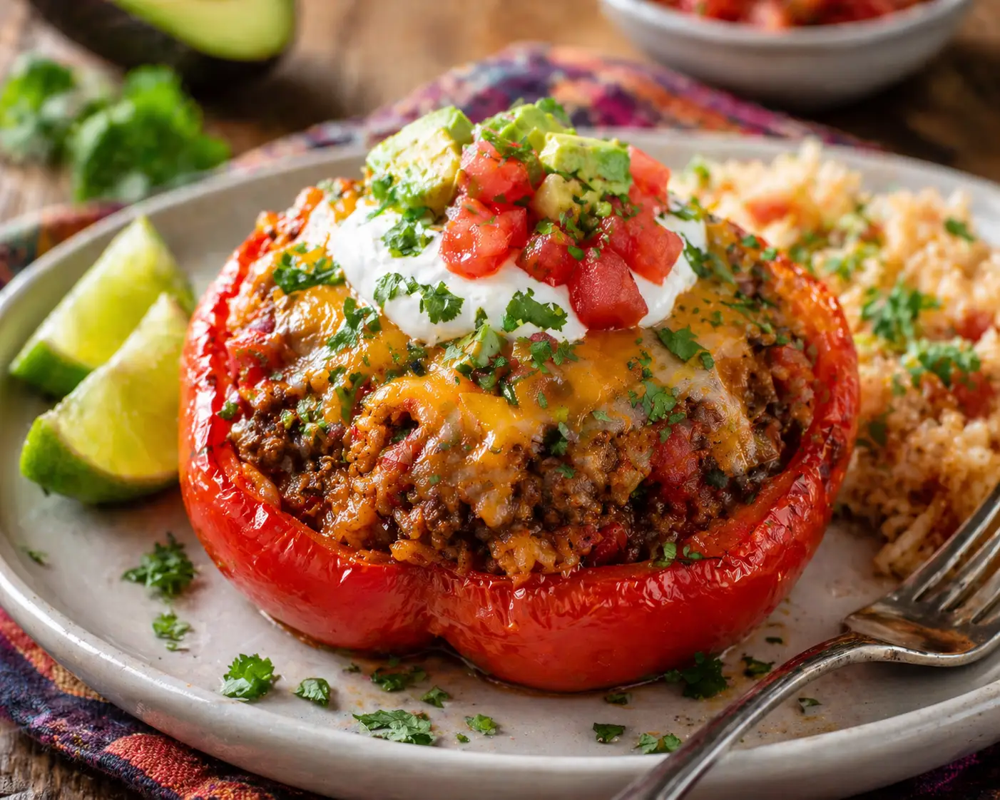 stuffed peppers with ground beef- Mexican Stuffed Peppers with Ground Beef Plated Mexican stuffed pepper with ground beef, rice, avocado, sour cream, and lime wedges