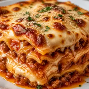 lasagna- Best Classic Lasagna Close-up of homemade lasagna slice with layers of meat sauce, ricotta, and melted mozzarella cheese