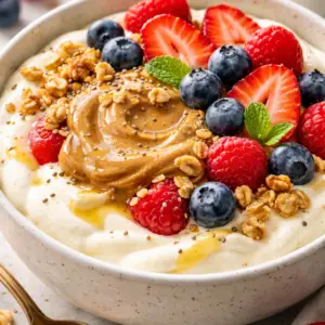 whipped cottage cheese bowl- Whipped Cottage Cheese Bowl Whipped cottage cheese bowl topped with fresh strawberries, blueberries, raspberries, peanut butter, granola, and honey in a creamy high-protein breakfast bowl