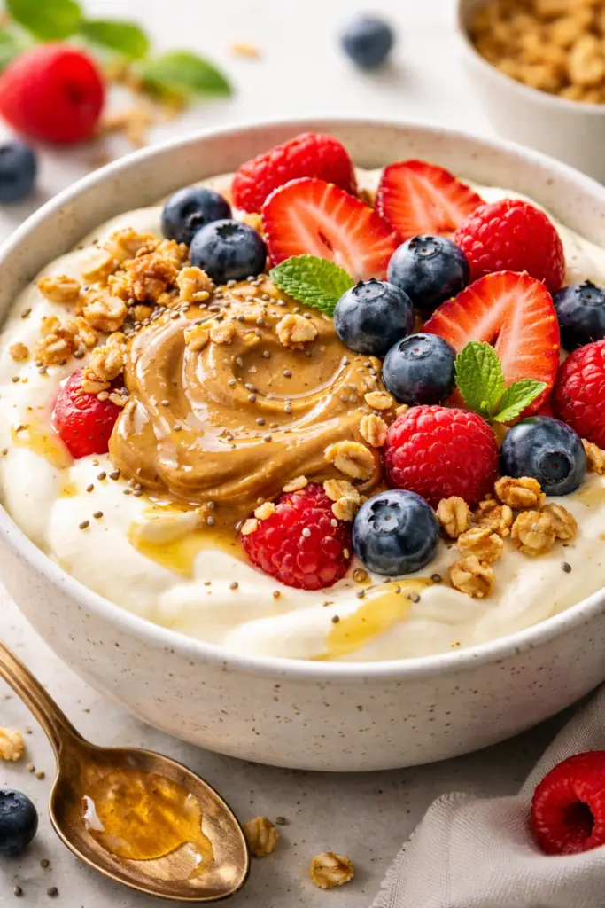 Whipped cottage cheese bowl topped with fresh strawberries, blueberries, raspberries, peanut butter, granola, and honey in a creamy high-protein breakfast bowl