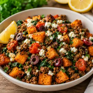 Mediterranean beef and sweet potato dinner