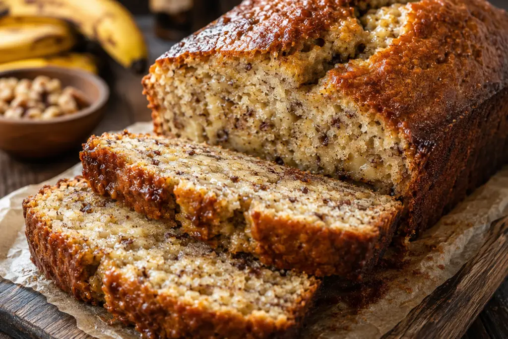 Freshly baked loaf of moist banana bread sliced on a rustic wooden board with a glossy golden brown crust and soft banana-filled crumb.