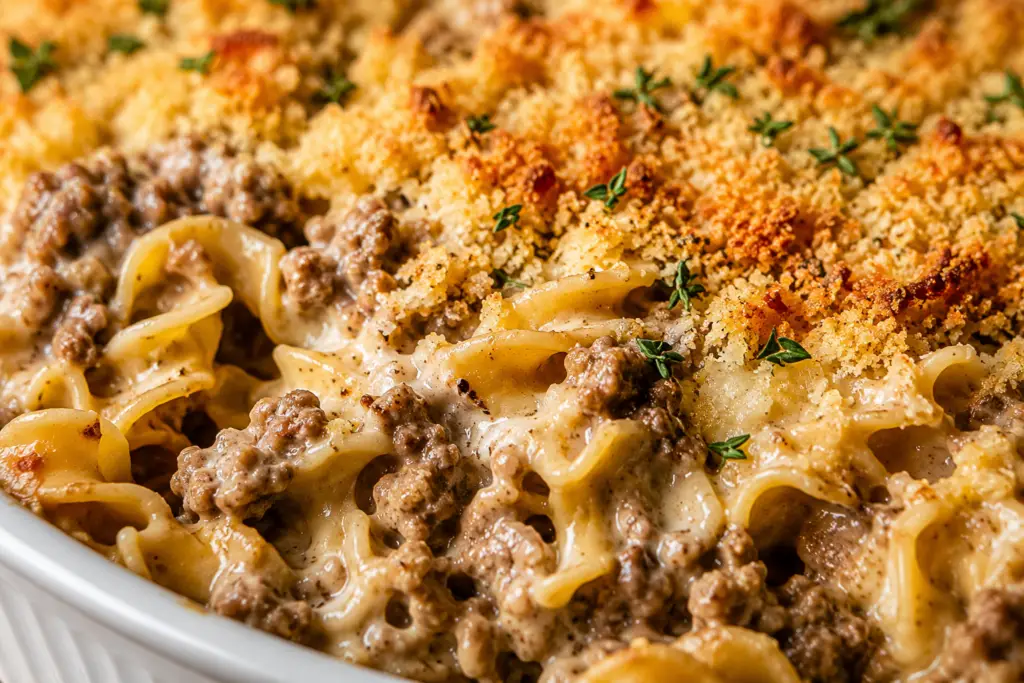 Close-up of creamy ground beef stroganoff bake with egg noodles, golden toasted breadcrumbs, melted cheese, and fresh thyme in a white baking dish.