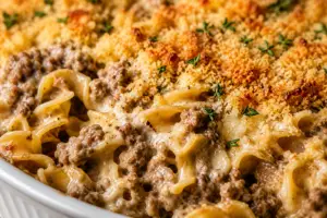 Close-up of creamy ground beef stroganoff bake with egg noodles, golden toasted breadcrumbs, melted cheese, and fresh thyme in a white baking dish.