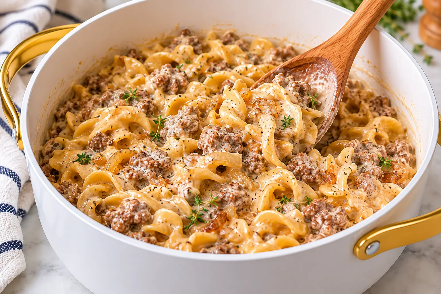 Creamy ground beef and egg noodles being stirred in a white Caraway Dutch oven with gold handles using a wooden spoon.