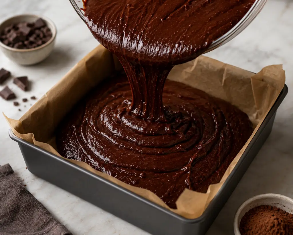 Glossy homemade chocolate brownie batter in a glass bowl next to an 8x8 baking pan lined with brown parchment paper on a marble countertop with cocoa powder and chocolate chips nearby.