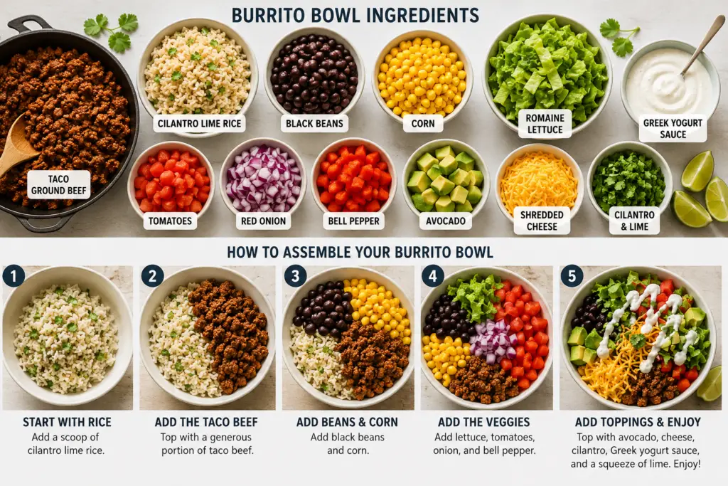 Step-by-step infographic showing the ingredients and assembly process for a low-cholesterol ground beef burrito bowl with cilantro lime rice, taco beef, black beans, corn, fresh vegetables, avocado, cheddar cheese, and Greek yogurt sauce.