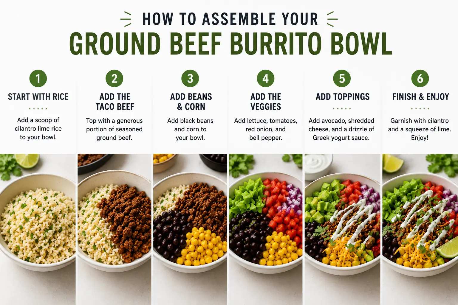 - Low-Cholesterol Ground Beef Burrito Bowl Recipe Landscape step-by-step photo collage demonstrating how to assemble a healthy ground beef burrito bowl from rice and taco beef to fresh toppings and Greek yogurt sauce.