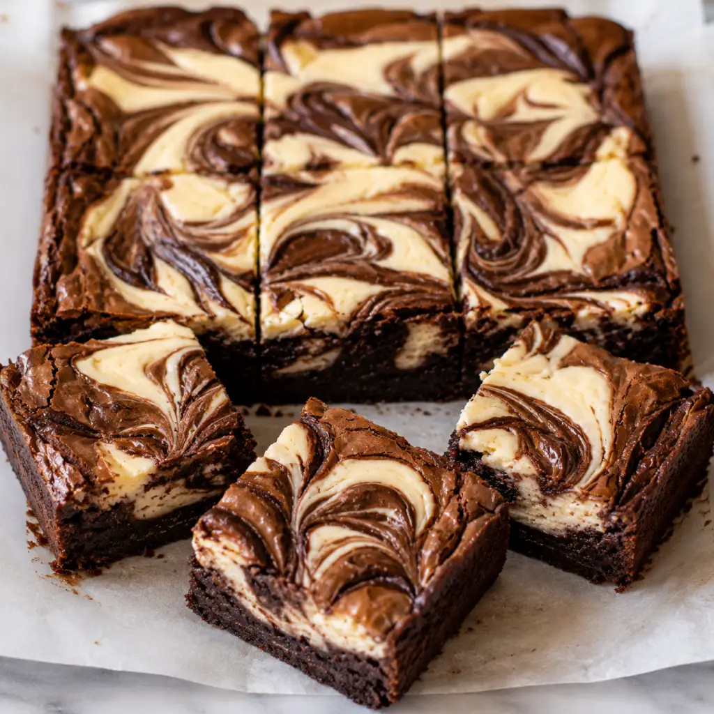Fudgy cheesecake brownies sliced into squares with creamy cheesecake swirls and crackly chocolate tops