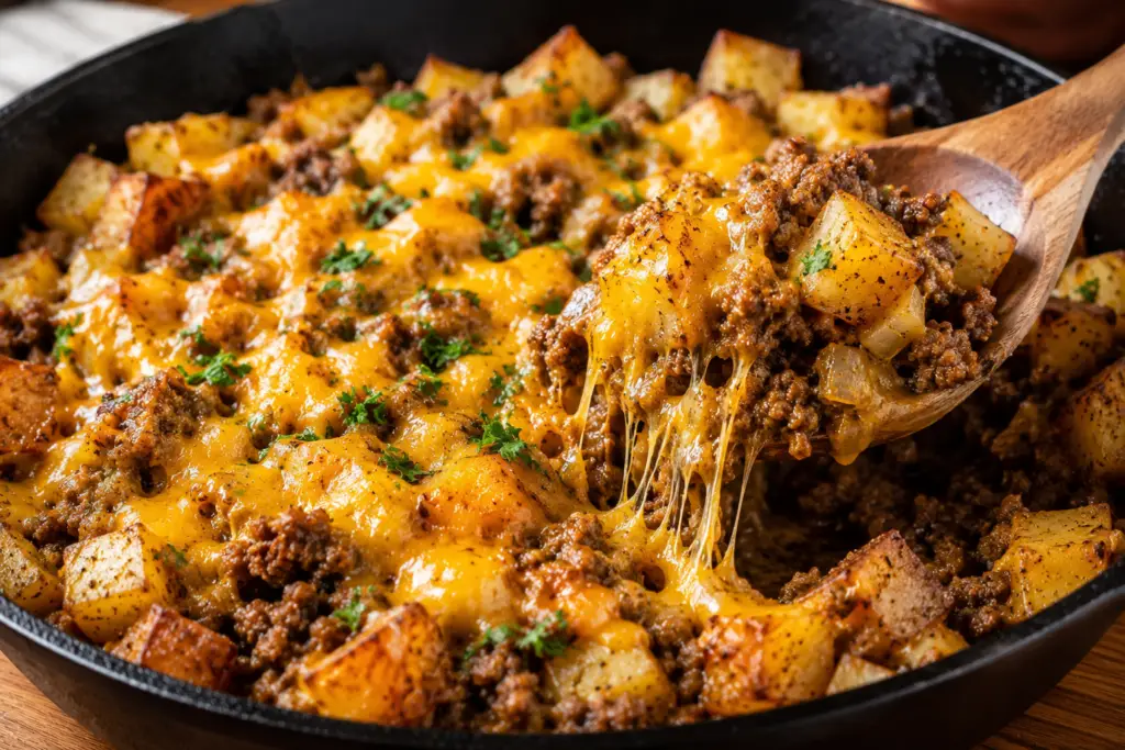 Wooden spoon scooping cheesy ground beef and crispy potato skillet with melted cheddar cheese pull.