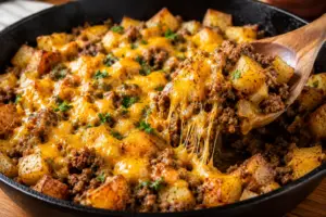 Wooden spoon scooping cheesy ground beef and crispy potato skillet with melted cheddar cheese pull.