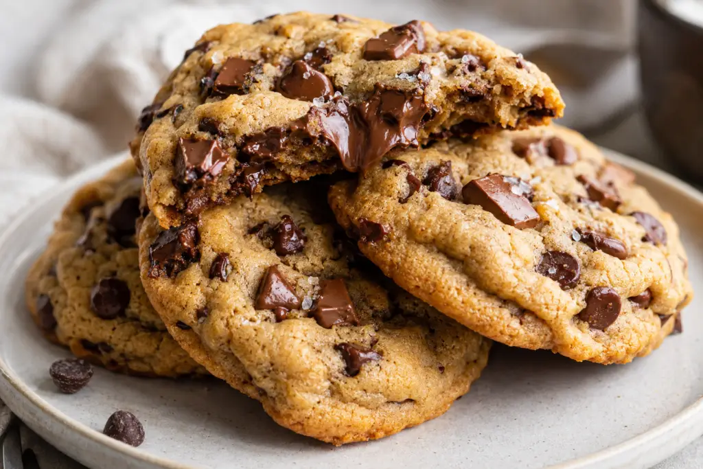 Stack of thick bakery-style chocolate chip cookies with melted chocolate chunks and flaky sea salt on a ceramic plate.