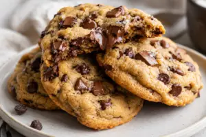 Stack of thick bakery-style chocolate chip cookies with melted chocolate chunks and flaky sea salt on a ceramic plate.