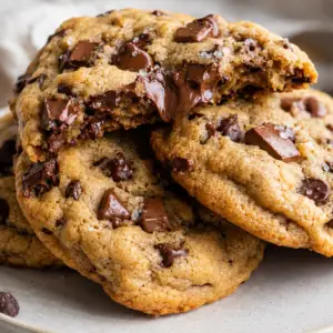 Stack of thick bakery-style chocolate chip cookies with melted chocolate chunks and flaky sea salt on a ceramic plate.