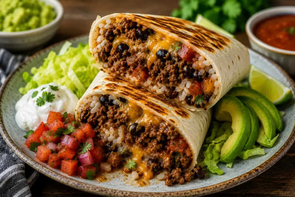Plated ground beef burritos with rice, black beans, melted cheese, avocado slices, sour cream, pico de gallo, and lime wedges.