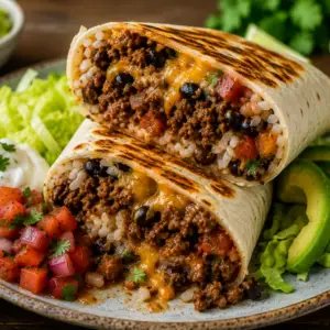 Plated ground beef burritos with rice, black beans, melted cheese, avocado slices, sour cream, pico de gallo, and lime wedges.