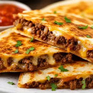 Close-up of crispy ground beef quesadillas stacked on a white plate with melted cheese, seasoned beef filling, fresh cilantro, pico de gallo, sour cream, and lime wedges.