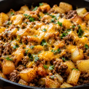 ground beef and russet potato- Easy Ground Beef and Russet Potato Skillet Recipe Cheesy ground beef and russet potato skillet in a cast iron pan topped with melted cheddar cheese and fresh parsley.