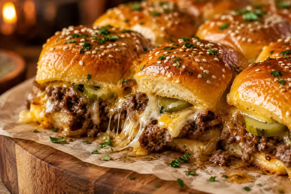 Warm baked cheeseburger sliders with melty cheese, seasoned ground beef, and glossy sesame seed Hawaiian buns photographed close up on parchment paper and wood board.