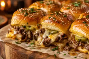 Warm baked cheeseburger sliders with melty cheese, seasoned ground beef, and glossy sesame seed Hawaiian buns photographed close up on parchment paper and wood board.