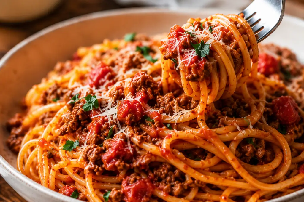 Close-up of homemade ground beef spaghetti twirled around a fork with rich tomato meat sauce, parmesan cheese, basil, and parsley.
