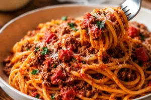 Close-up of homemade ground beef spaghetti twirled around a fork with rich tomato meat sauce, parmesan cheese, basil, and parsley.