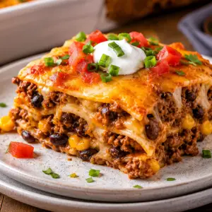 taco- Ground Beef Taco Casserole Recipe Cheesy taco casserole topped with avocado, tomatoes, cilantro, green onions, and sour cream served fresh from a baking dish.