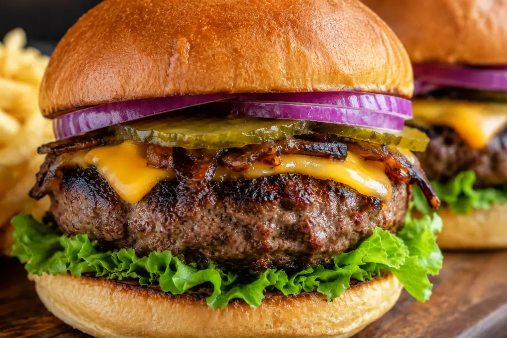 Juicy Kobe ground beef burger on a toasted brioche bun topped with melted cheddar cheese, crisp lettuce, pickles, red onion, and caramelized onions on a wooden serving board.