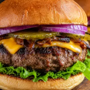 - Kobe Ground Beef Burgers Juicy Kobe ground beef burger on a toasted brioche bun topped with melted cheddar cheese, crisp lettuce, pickles, red onion, and caramelized onions on a wooden serving board.