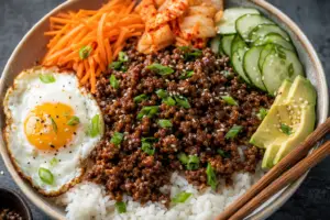 Korean beef bowl with sticky ground beef over white rice topped with kimchi, cucumber, avocado, sesame seeds, green onions, and a fried egg.