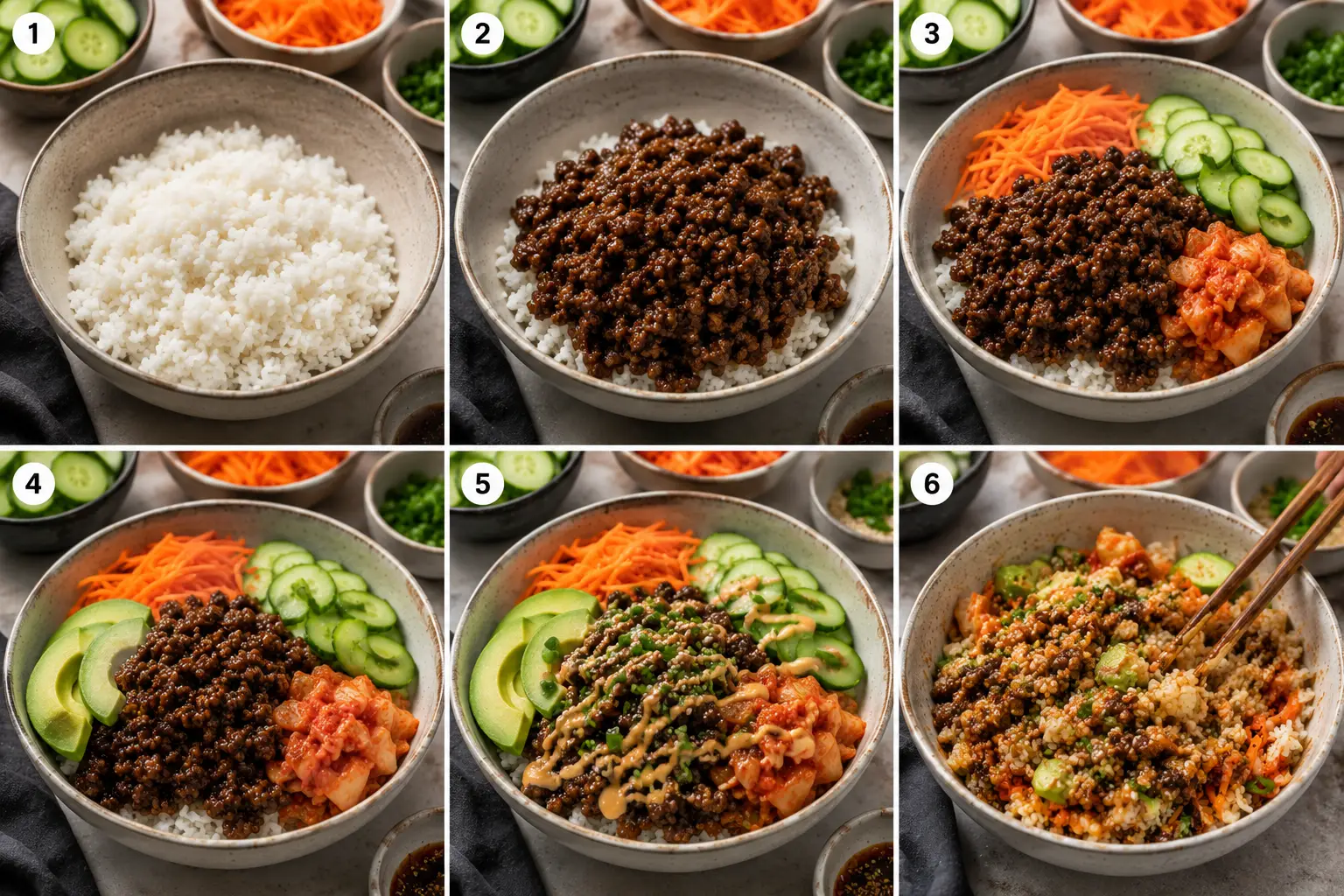 korean ground beef bowl- Korean Ground Beef Bowl Step-by-step collage showing how to assemble Korean beef bowls with rice, beef, vegetables, avocado, and sauce.
