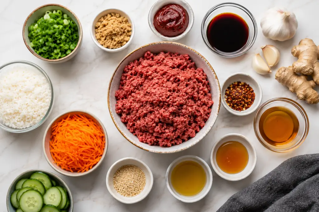 Ingredients for Korean ground beef bowl including ground beef, soy sauce, garlic, ginger, sesame oil, rice, carrots, cucumbers, and gochujang.