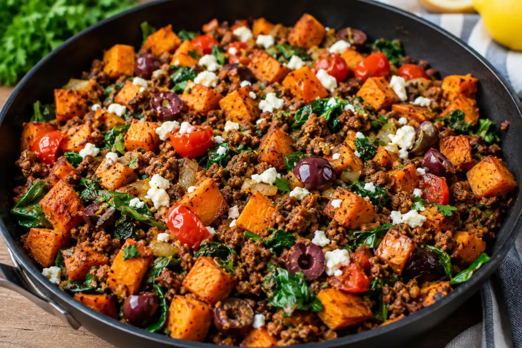 anti-inflammatory ground beef and sweet potato skillet with spinach, feta, olives, and cherry tomatoes in a black skillet