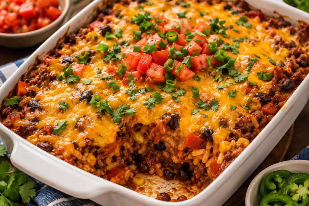 Mexican casserole with rice and toppings, no tortillas.