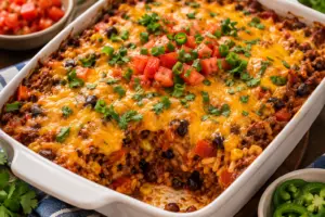 Mexican casserole with rice and toppings, no tortillas.