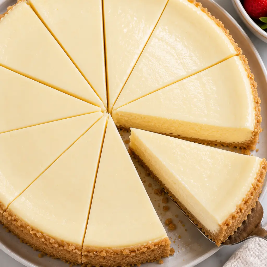 Overhead close-up view of a sliced creamy cheesecake with one slice being removed from the whole cheesecake.