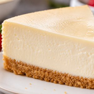 cheesecake- Creamy Classic Cheesecake Recipe (Better Than Bakery Style) Close-up plated slice of creamy New York-style cheesecake with a moist graham cracker crust and smooth baked filling.