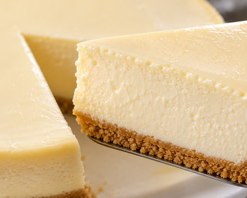 Close-up of a creamy classic cheesecake slice being lifted from the cake with a smooth ivory center and buttery graham cracker crust.