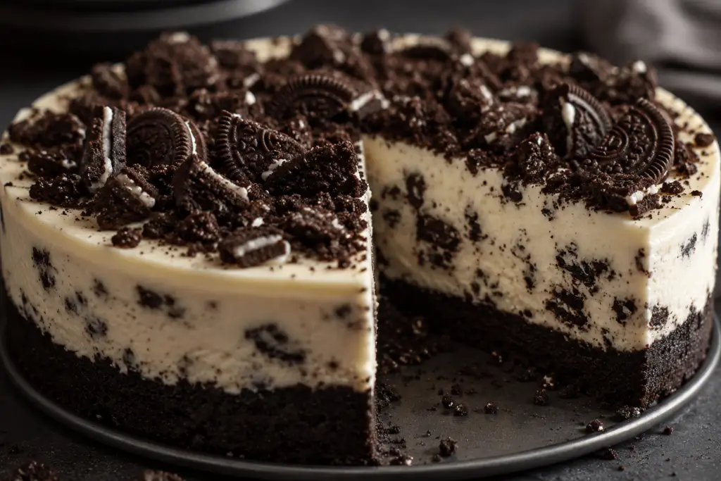 Close-up of a creamy Oreo cheesecake with a thick chocolate Oreo crust, crushed Oreo topping, and a slice removed to reveal the rich cookies-filled cheesecake center.