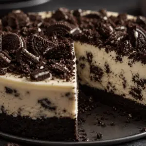 Close-up of a creamy Oreo cheesecake with a thick chocolate Oreo crust, crushed Oreo topping, and a slice removed to reveal the rich cookies-filled cheesecake center.