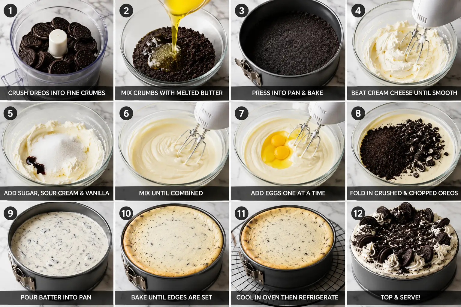 - Best Oreo Cheesecake Recipe – Ultra Creamy Homemade Cheesecake Step-by-step collage showing how to make Oreo cheesecake including crushing Oreos, preparing the crust, mixing cheesecake filling, baking, cooling, and decorating.
