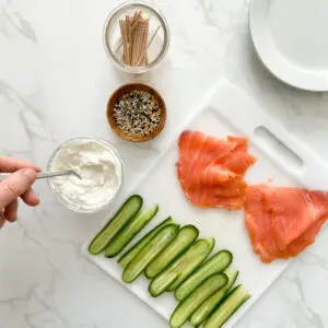 Appetizers, Gluten Free, Stovetop smoked salmon appetizer Cucumbers |Everything Bagel Seasoning |Goat Cheese |Greek Yogurt |Smoked Salmon