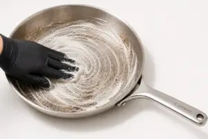 applying bar keepers friend paste to stainless steel pan using gloved hand
