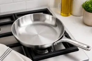 clean stainless steel pan on stove ready for cooking after deep cleaning