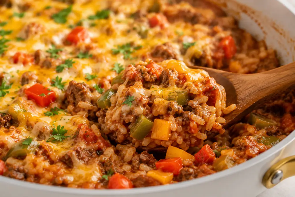 Close-up of stuffed pepper casserole scooped from a white skillet with a wooden spoon showing cheesy ground beef, rice, and bell peppers.