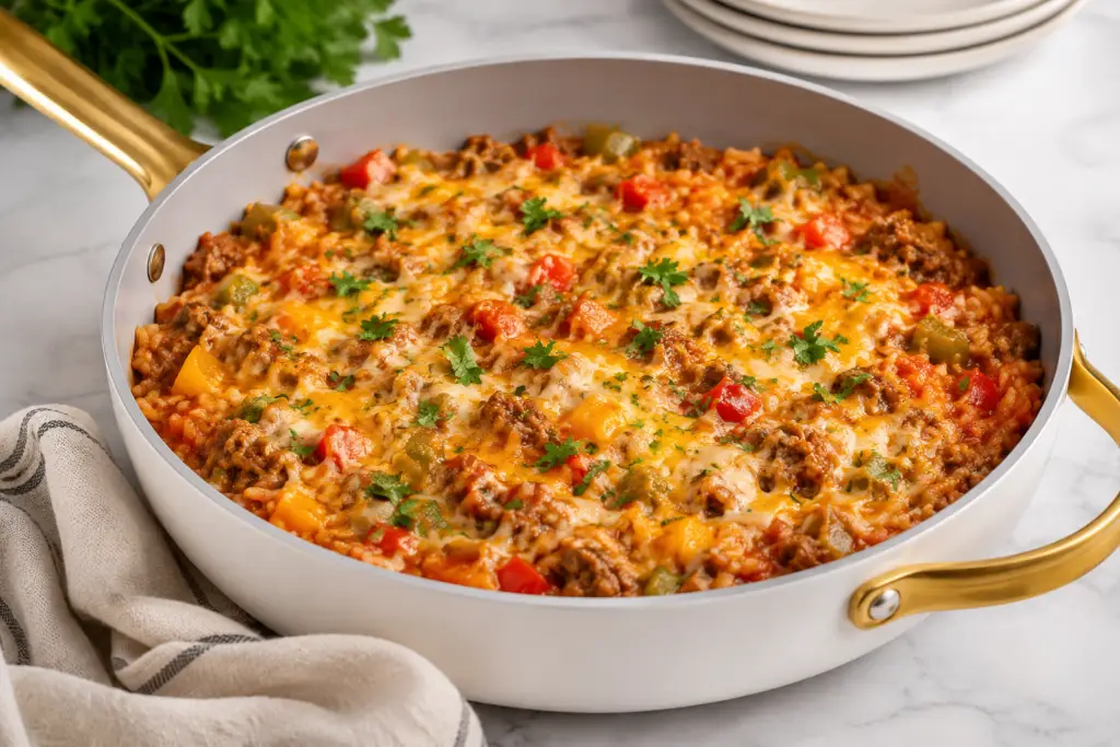 Cheesy stuffed pepper casserole with ground beef, white rice, diced bell peppers, and melted cheese baked in a white Caraway skillet with gold handles.
