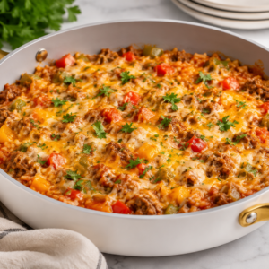 - Stuffed Pepper Casserole with Ground Beef and Rice Cheesy stuffed pepper casserole with ground beef, white rice, diced bell peppers, and melted cheese baked in a white Caraway skillet with gold handles.
