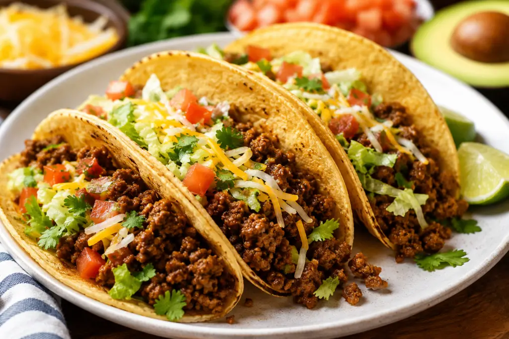Close-up of three taco ground beef tacos loaded with seasoned beef, shredded lettuce, diced tomatoes, cheddar cheese, and fresh cilantro in lightly toasted corn tortillas.