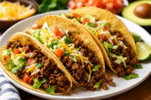 Close-up of three taco ground beef tacos loaded with seasoned beef, shredded lettuce, diced tomatoes, cheddar cheese, and fresh cilantro in lightly toasted corn tortillas.