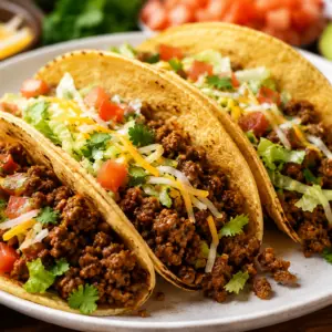 taco ground beef- The Best Taco Ground Beef Recipe Close-up of three taco ground beef tacos loaded with seasoned beef, shredded lettuce, diced tomatoes, cheddar cheese, and fresh cilantro in lightly toasted corn tortillas.